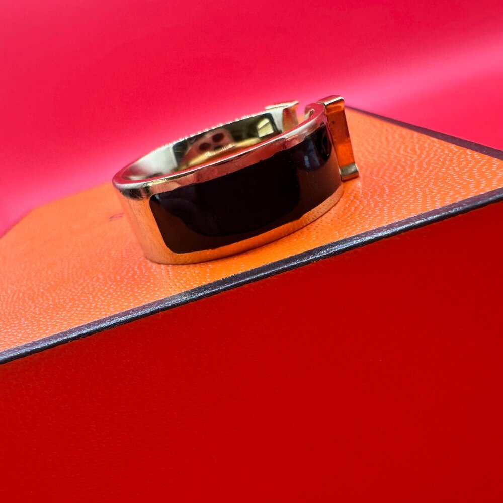 Hermes Black Enamel Gold Tone Clic Clac H Band Ring Size 8 1/4 - Picture 8 of 13